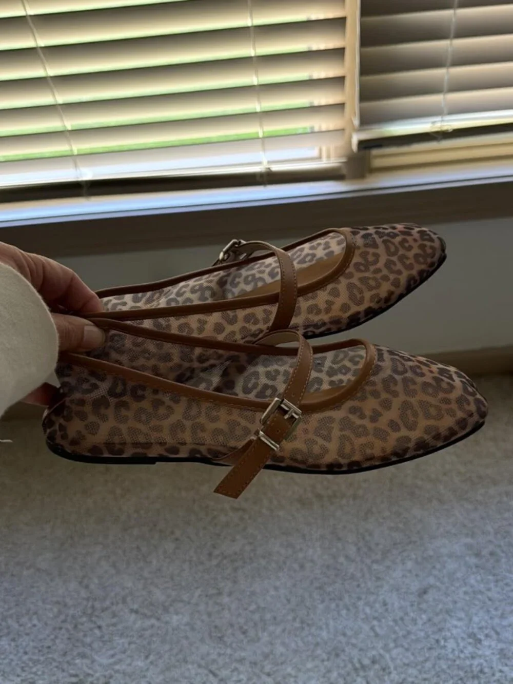 Women's Brown Leopard Mesh Square Closed Toe Mary Jane Ballet Flats Shoes